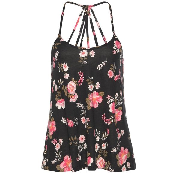 Black Floral Strappy Back Tank Top NWT - Picture 2 of 5